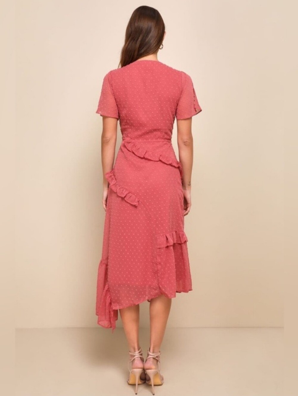Lulus Rusty Rose Swiss Dot Ruffle Midi Dress Medium - Picture 2 of 11